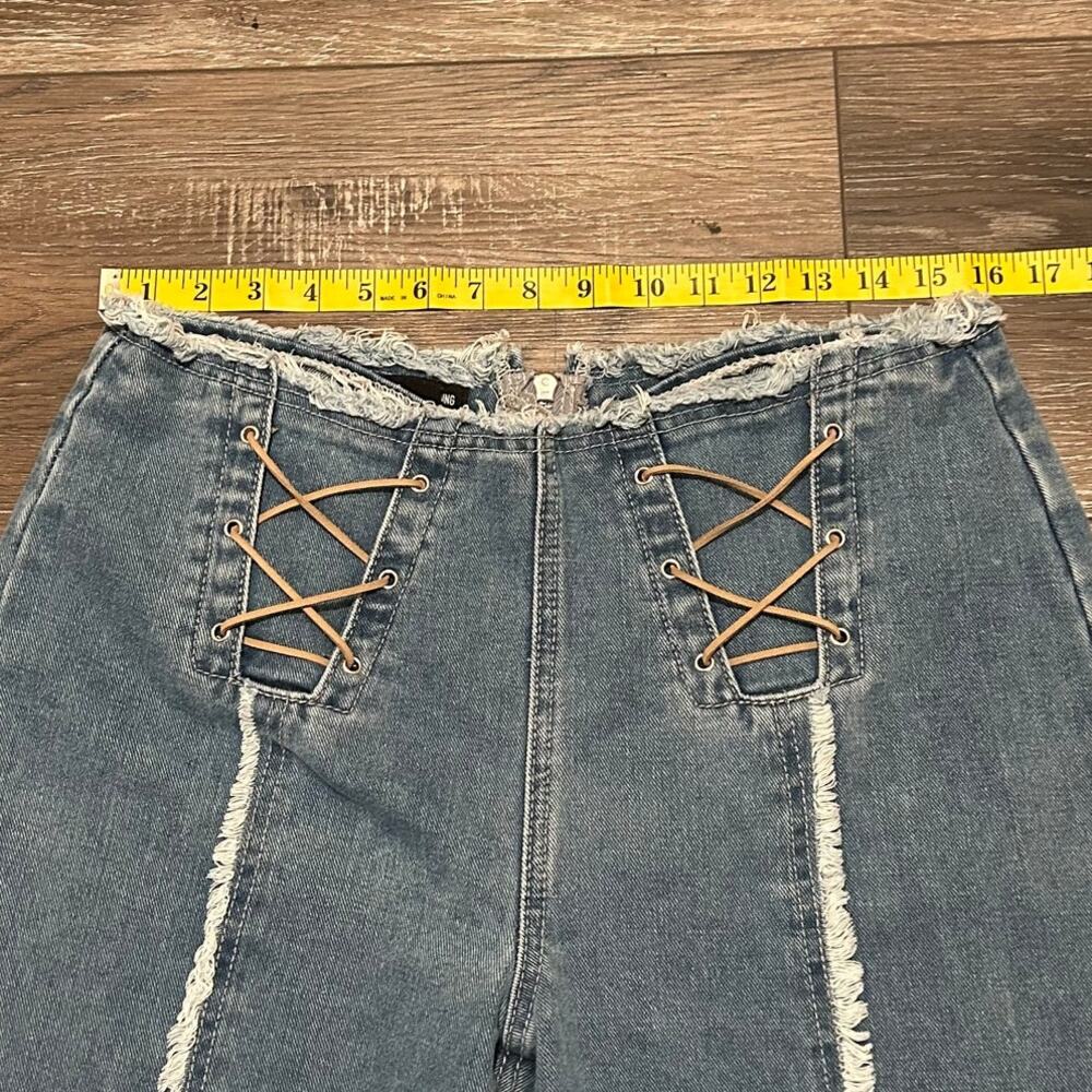 PrettyLittleThing Lace-Up Flare Jeans Size 8 Raw Hem Boho - Picture 3 of 9